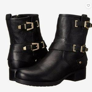 MARC FISHER - Black Leather Gold Moto Bootie Ankle Side Zip Boot US Size 8M